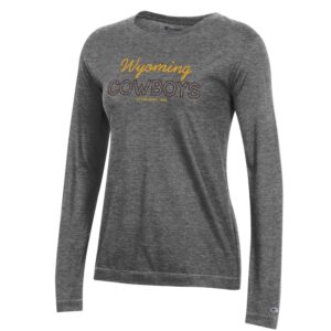 women's gray long sleeved shirt, design is word Wyoming in gold script above word cowboys in brown outline block letters, with established 1886 in gold letters below in center