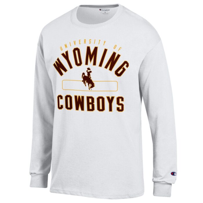 white long sleeve shirt, university of wyoming in gold on top, brown wyoming cowboys outlined in gold, bucking horse logo in brown outlined in gold, gold curved box in center, champion logo on left sleeve