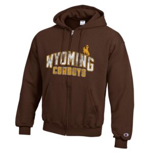 brown full zip sweatshirt with hood, design is word wyoming in white outlined in gold with word cowboys in gold below, gold bucking horse on top left side