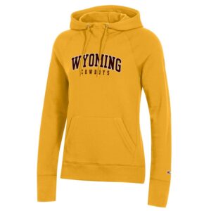 women's gold sweatshirt with drawstring hood, words wyoming cowboys stacked in center in brown with white outline, front pocket, small champion logo embroidered on left sleeve
