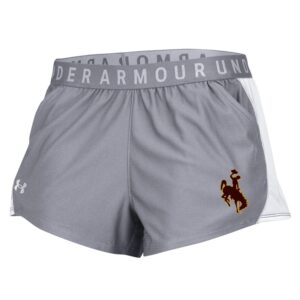 women's grey shorts, white mesh stripe down sides, words under armour embroidered around waist band, brown bucking horse outlined in gold bottom left
