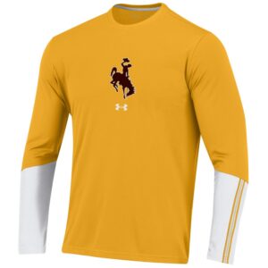 gold athletic material long sleeved tee. White color block on lower sleeves. Brown bucking horse with white Under Armour logo below printed on front center of tee