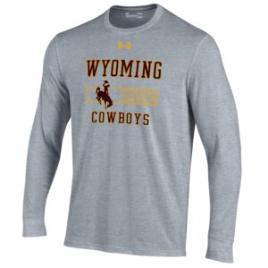 youth long sleeved tee in grey. Slogan Wyoming Cowboys printed on front of tee, with a rectangular bar with bucking horse inside printed in-between slogan.
