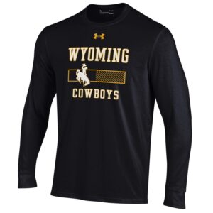 youth long sleeved tee in black. Slogan Wyoming Cowboys printed on front of tee, with a rectangular bar with bucking horse inside printed in-between slogan.
