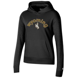 black woman's hoodie, black sleeves with grey dots, word Wyoming on front in gold lined font with white outline in middle, white distressed bucking horse below
