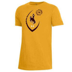 youth, gold short sleeved tee. Design on front of tee is Wyoming Cowboys Football design in white and black with large bucking horse inside of a football outline