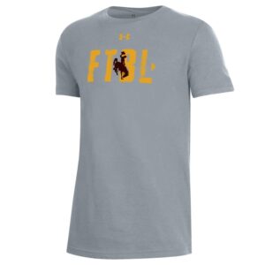 youth, grey short sleeved tee. gold block letters FTBL in center with arrow on right of shirt, brown bucking horse in middle of letters, gold Under Armor symbol above