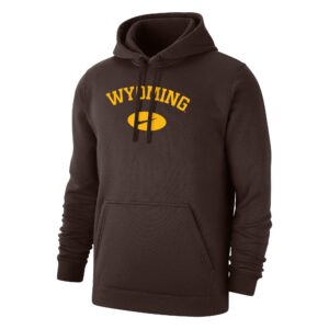 nike men's brown hooded sweatshirt, design is word wyoming in gold, goldcircle below with nike logo in brown, pocket on front bottom