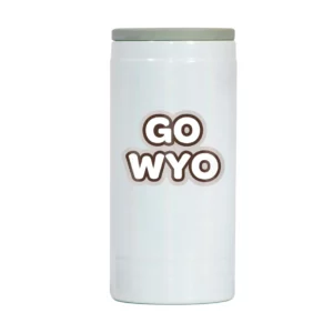 iridescent white stainless steel can coozie, design is words Go Wyo in white outlined in tan and brown brown