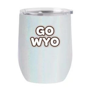iridescent white stainless steel tumbler, design is words Go Wyo in white outlined in tan and brown brown, clear lid on top