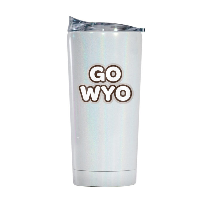 iridescent white stainless steel tumbler, design is word Go Wyo in white letters with brown outline, clear lid