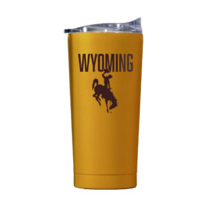 gold stainless steel tumbler, design is word Wyomind in brown with brown bucking horse below, clear lid