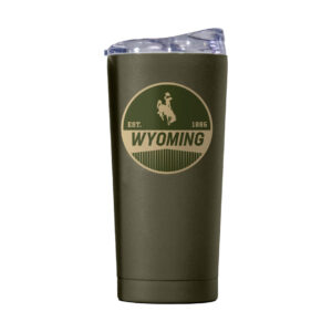 olive stainless steel tumbler, design is circle with cream bucking horse on olive background, word wyoming in olive below, olive and cream lines on bottom
