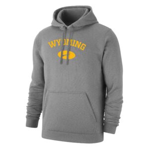 nike men's light grey hooded sweatshirt, design is word wyoming in gold, gold circle below with nike logo in grey, pocket on front bottom