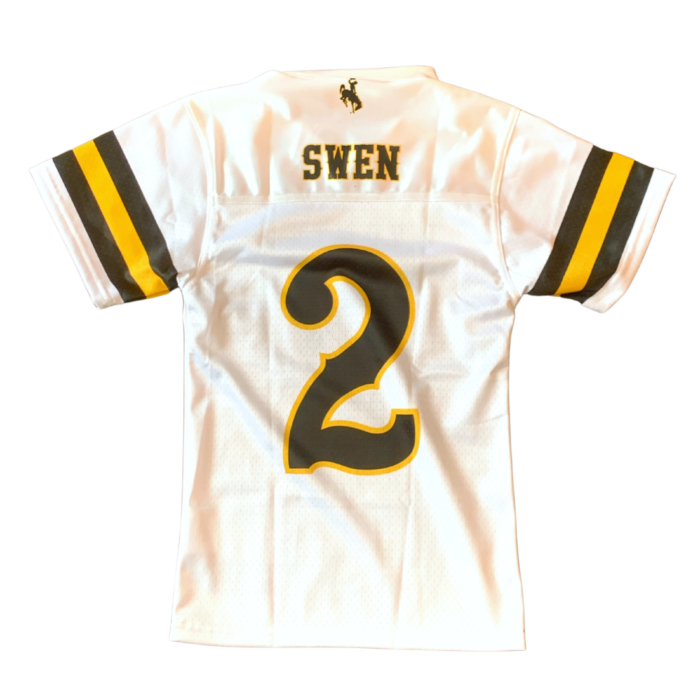 back view of youth sized, white football jersey with large number 2 and word Swen printed in center in brown with gold outline