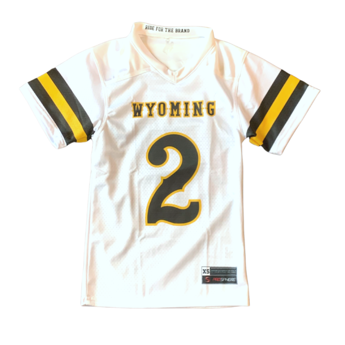 white, youth sized football jersey with large number 2 and word wyoming printed on front center in brown with gold outline