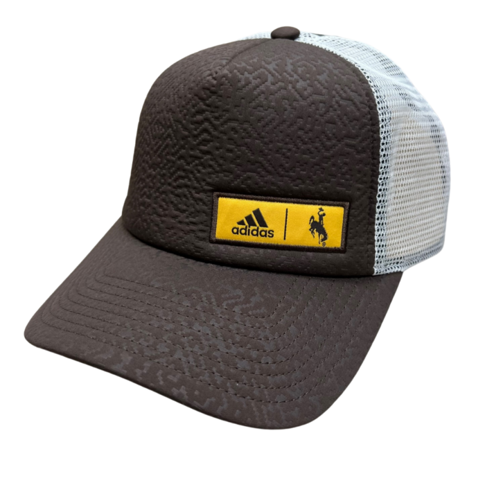 adjustable, structured hat. brown front and bill, white mesh back. Small rectangular gold patch on front left of hat with Adidas logo and bucking horse printed inside in brown