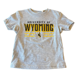 toddler's grey short sleeve tee, design is brown words University of above brown word Wyoming outlined in gold, brown bucking horse in middle of gold bars with 3 stars in between