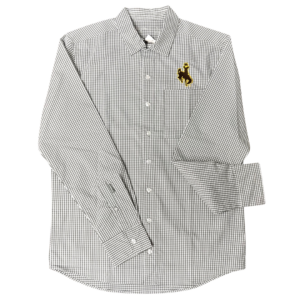 men's button up shirt, steel and white checkered with white buttons, design is embroidered brown bucking horse outlined in gold
