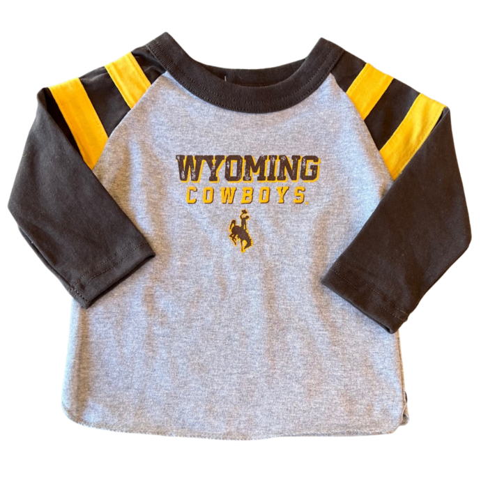 grey youth and toddler sized long-sleeved tee, with brown sleeves. Slogan Wyoming Cowboys and bucking horse printed on front of tee. two gold stripes on the top of each sleeve