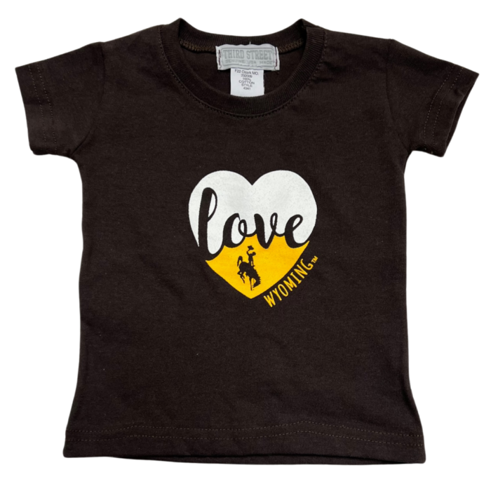toddler brown short sleeve tee, design is white and gold heart with word love in brown script in middle and brown bucking horse, word Wyoming in gold on side
