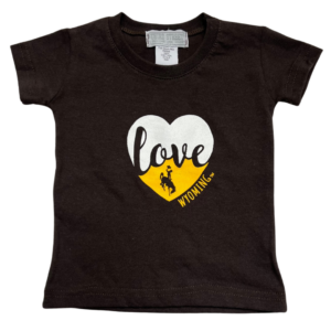 infant brown short sleeve tee, design is white and gold heart with word love in brown script in middle and brown bucking horse, word Wyoming in gold on side