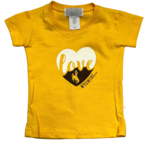 infant gold short sleeve tee, design is white and brown heart with word love in gold script in middle and gold bucking horse, word Wyoming in brown on side