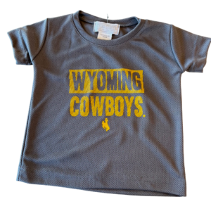 grey toddler short sleeve tee, design is gold bar with word Wyoming in gray above gold word cowboys, bucking horse below center