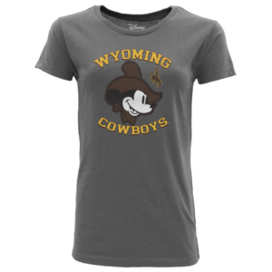 grey women's short sleeve tee. retro Mickey Mouse with cowboy hat and bucking horse in the center. Slogan Wyoming Cowboys printed in gold above and below the mouse