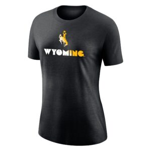 women's black heather short sleeved tee. Bucking horse and word Wyoming printed on front center in block font, faded white to gold