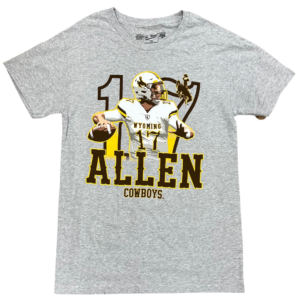 grey short sleeve shirt, design is brown number 17 behind picture of Josh Allen in Wyoming uniform throwing, word Allen in brown, word cowboys in gold below