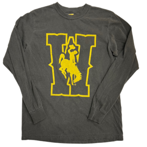 grey garment washed long sleeved tee, design on front is large W with bucking horse in the center in gold