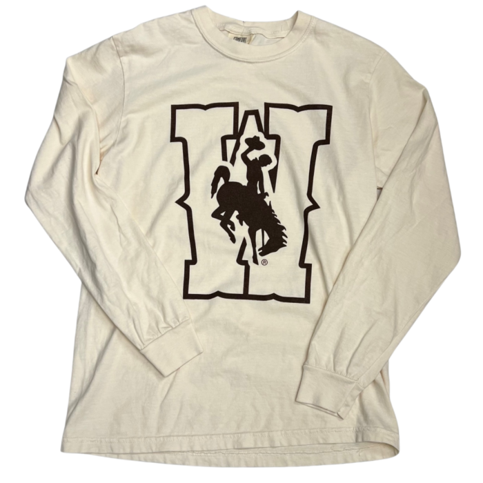 ivory garment washed long sleeved tee, design on front is large W with bucking horse in the center in brown