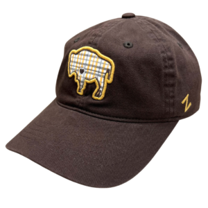 women's brown adjustable hat, design is brown, gold, white and brown plaid buffalo outlined in gold embroidery, gold Zephyr logo on left side