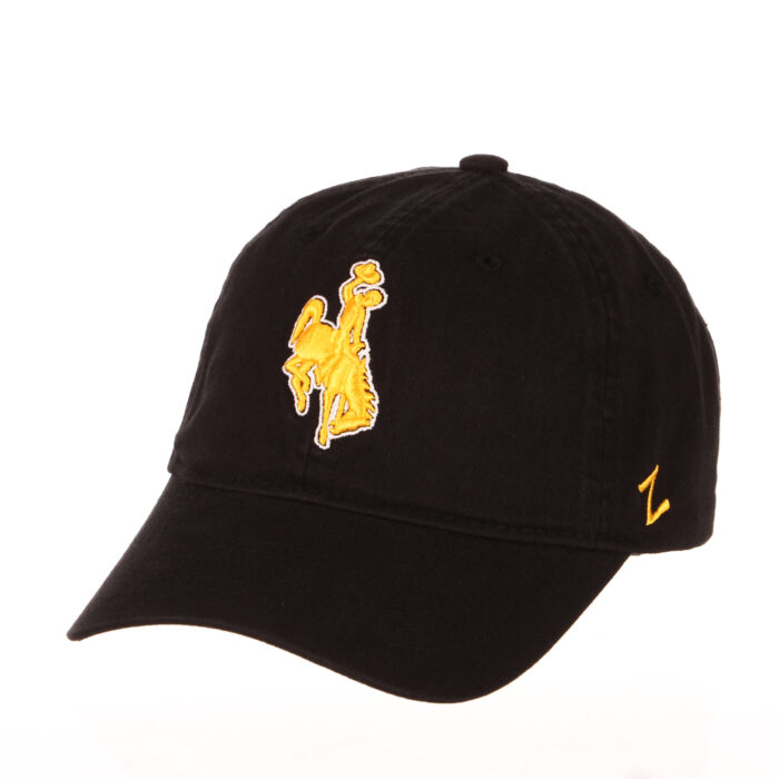 black adjustable hat, design is gold bucking horse, Zephry logo of left of hat