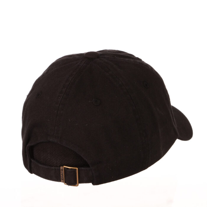 back of black adjustable hat, metal adjuster on fabric