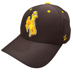 brown fitted hat, with gold embroidered bucking horse outlined in white, gold Zephyr logo embroidered on side. Material is moisture wicking