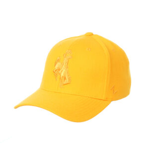all gold flex fit hat, design is gold bucking horse embroidered on front, gold Zephyr logo embroidered on left side