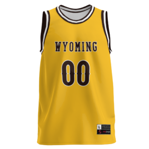 gold basketball jersey with white and brown trim on sleeves and neckline. Word Wyoming and numbers 00 printed on front center in brown with white outline