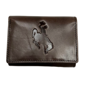 brown leather wallet with bucking horse logo embossed on front center