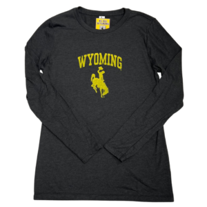 women's grey long sleeved tee, design is arched word Wyoming in gold blocked letters, gold bucking horse below