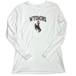 women's white long sleeved tee, design is arched word Wyoming in brown blocked letters, brown bucking horse below