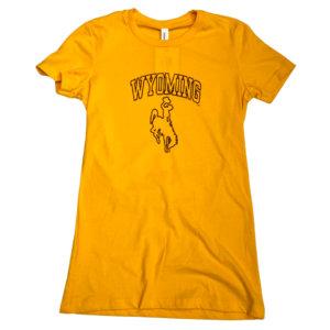 women's gold short sleeved shirt, design is word Wyoming in brown outlined block letters, brown outlined bucking horse below