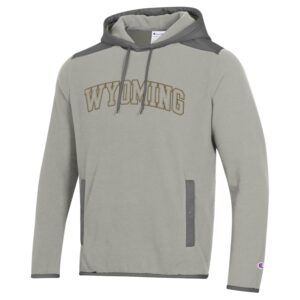 grey fleece hooded jacket. dark grey smooth fabric hood and shoulder details. Word Wyoming arched on front in outline font, in brown