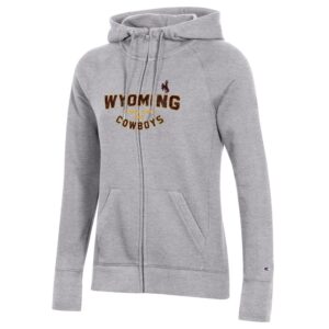 women's heather grey full zip jacket, design is brown word Wyoming outlined in gold, gold words established 1886 below, brown word cowboys outlined in gold arched below