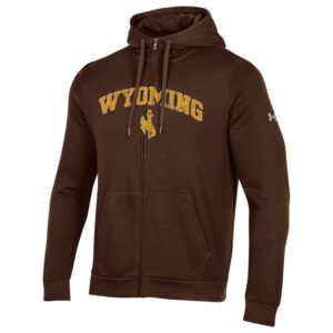 brown, full zippered fleece lined jacket with hood. Word Wyoming with bucking horse below arched on front of jacket in gold with white outline