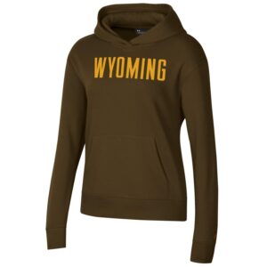 under armour women's brown hooded sweatshirt, design is gold word Wyoming in center chest, kangaroo pocket in front