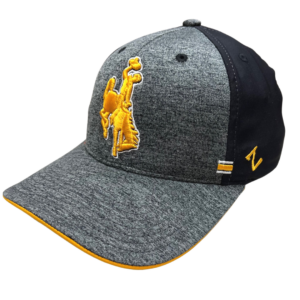 flex fit hat with grey bill and front, black back, gold lined bill, design is gold embroidered bucking horse outlined in white, small white and gold stripe on side, gold zephyr logo on side