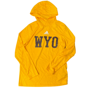 Adidas gold long sleeve hooded sweatshirt, design is word Wyo in brown with white adidas logo above in center of the chest