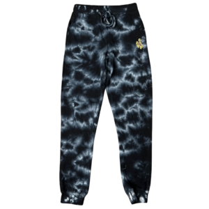 women's black and grey tie dye joggers, drawstring waist, cuffed ankles, design is brown bucking horse outlined in gold on left side leg